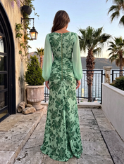 Green Floral Chiffon Boat Neck Long Sleeve High Split Floor-Length Gown Dress