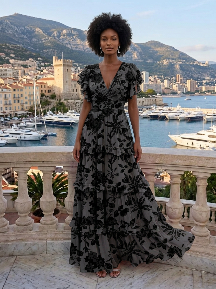 Grey and Black Chiffon V-Neck Ruffled Tiered A-Line Floor-Length Gown Dress