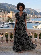 Grey and Black Chiffon V-Neck Ruffled Tiered A-Line Floor-Length Gown Dress