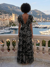 Grey and Black Chiffon V-Neck Ruffled Tiered A-Line Floor-Length Gown Dress