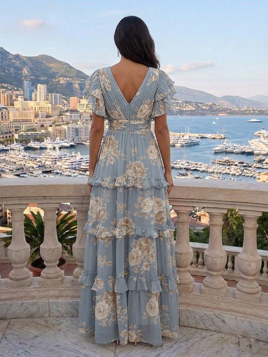 Light Blue Chiffon V-Neck Ruffled Tiered A-Line Floor-Length Gown Dress