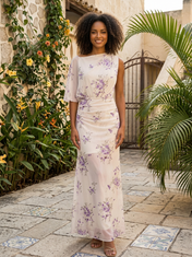Lavender Floral Chiffon One-Shoulder Draped Cape Sleeve A-Line Floor-Length Gown Dress