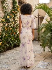 Lavender Floral Chiffon One-Shoulder Draped Cape Sleeve A-Line Floor-Length Gown Dress