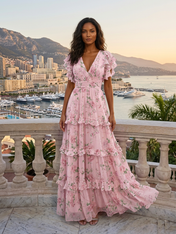 Pink Floral Chiffon V-Neck Flutter Sleeve Tiered Floor-Length Gown Dress