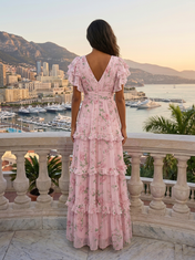 Pink Floral Chiffon V-Neck Flutter Sleeve Tiered Floor-Length Gown Dress