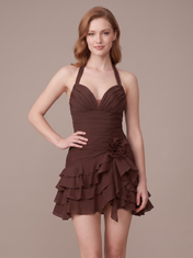 Halter Neck Ruched Ruffled Short Homecoming Dresses with Flower Mini Skirt