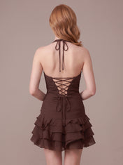 Halter Neck Ruched Ruffled Short Homecoming Dresses with Flower Mini Skirt