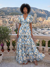 Blue and White Floral Chiffon V-Neck Ruffled Tiered Floor-Length Gown Dress