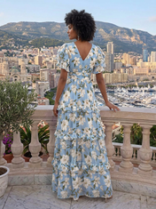 Blue and White Floral Chiffon V-Neck Ruffled Tiered Floor-Length Gown Dress