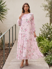 Pink Floral Chiffon Round Neck Long Sleeve Pleated Floor-Length Gown Dress