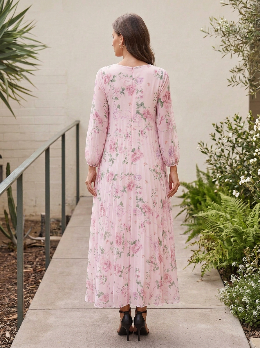 Pink Floral Chiffon Round Neck Long Sleeve Pleated Floor-Length Gown Dress