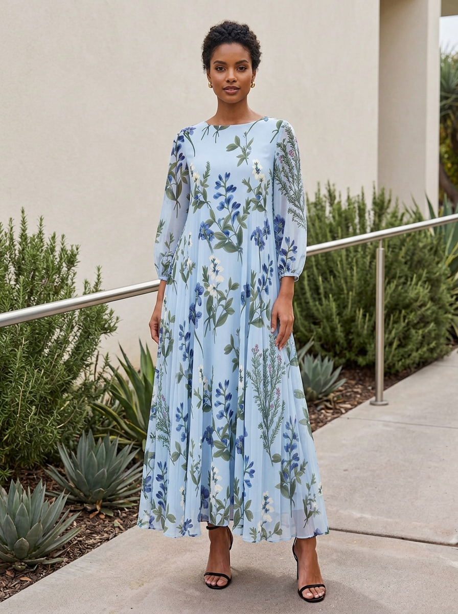 Light Blue Floral Chiffon Boat Neck Long-Sleeve Pleated Floor-Length Gown Dress