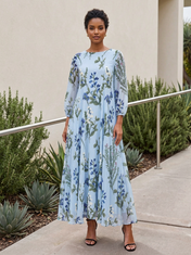 Light Blue Floral Chiffon Boat Neck Long-Sleeve Pleated Floor-Length Gown Dress