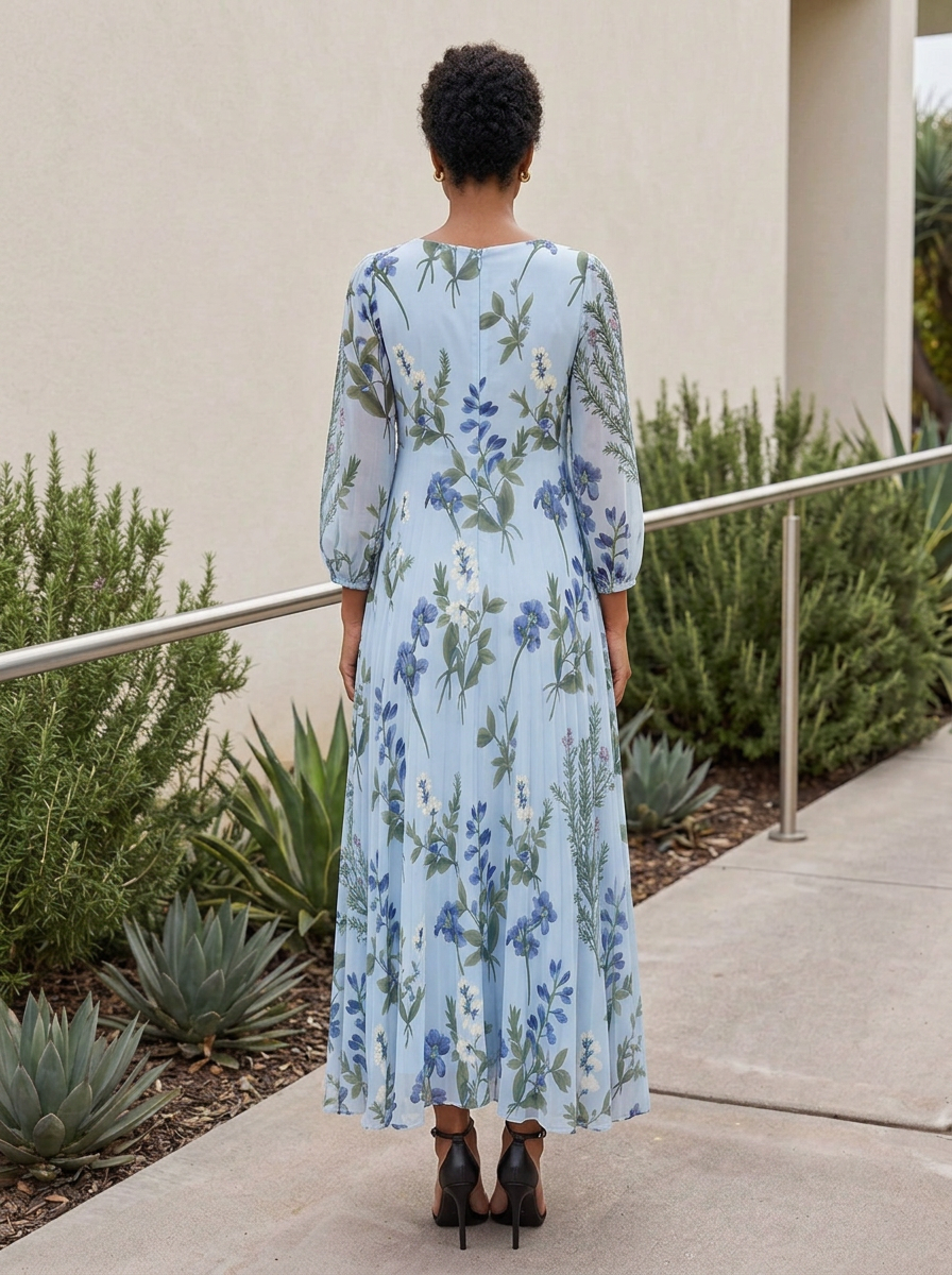 Light Blue Floral Chiffon Boat Neck Long-Sleeve Pleated Floor-Length Gown Dress