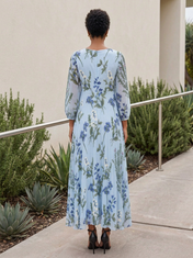 Light Blue Floral Chiffon Boat Neck Long-Sleeve Pleated Floor-Length Gown Dress