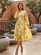 Yellow Floral Chiffon Round Neck Long Sleeve A-Line Midi Dress