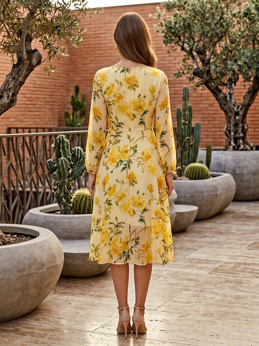 Yellow Floral Chiffon Round Neck Long Sleeve A-Line Midi Dress