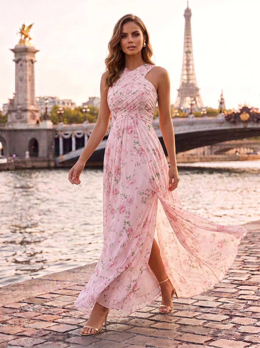Pink Floral Chiffon Halter Crisscross Ruched High Split Floor-Length Gown Dress