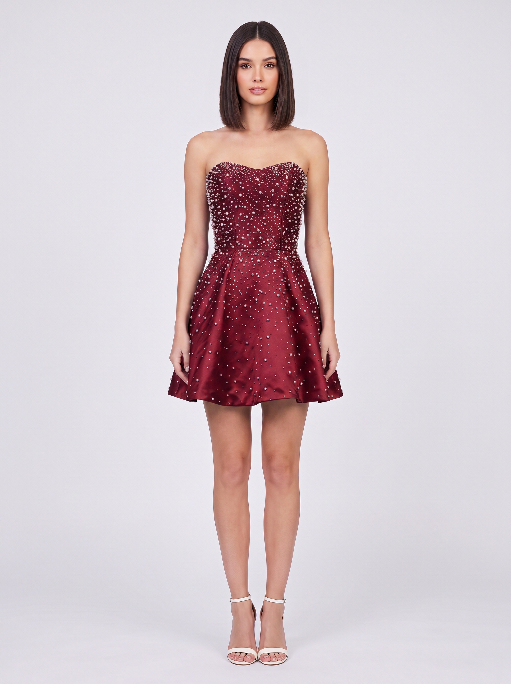 Strapless Sweetheart Pearl Beaded A-Line Mini Homecoming Dresses with Lace-Up Back