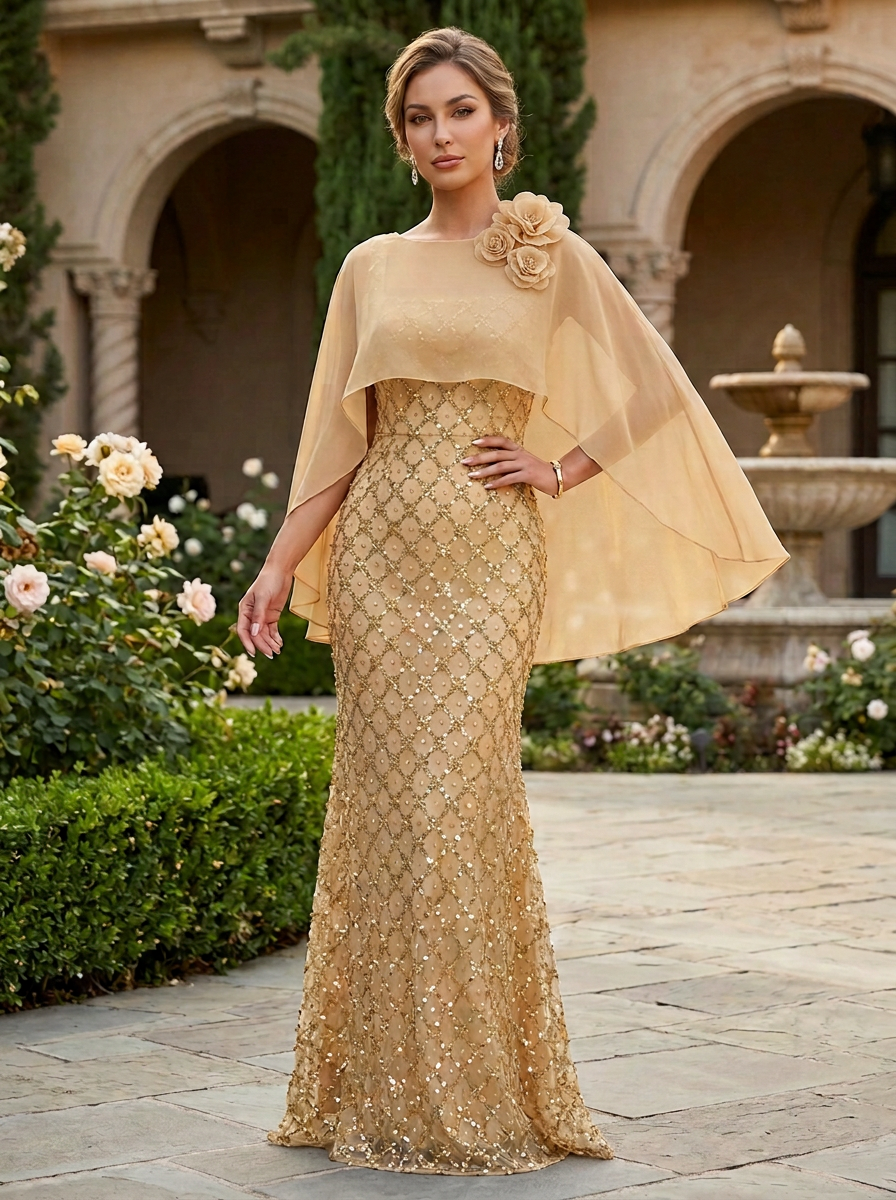 Gold Beaded Mesh Round Neck Capelet Sleeve Floor-Length Gown Dress