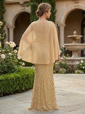 Gold Beaded Mesh Round Neck Capelet Sleeve Floor-Length Gown Dress