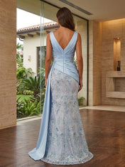 Light Blue Satin and Beaded Mesh V-Neck Bow Sashing Column Floor-Length Gown Dress
