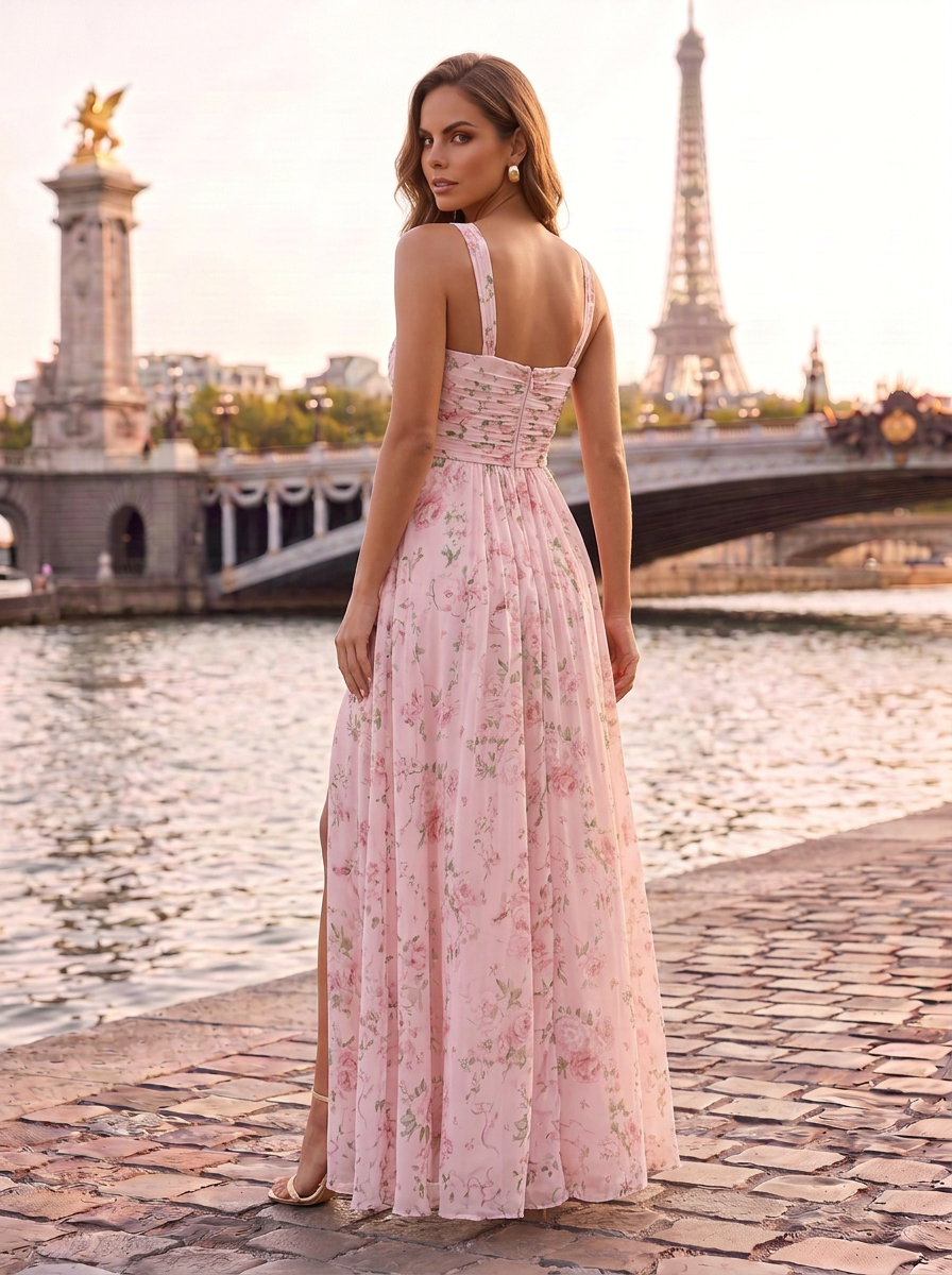 Pink Floral Chiffon Halter Crisscross Ruched High Split Floor-Length Gown Dress