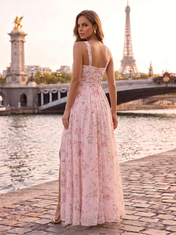 Pink Floral Chiffon Halter Crisscross Ruched High Split Floor-Length Gown Dress