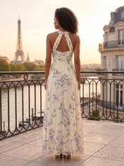 Lavender Floral Chiffon Halter Criss-Cross A-Line Floor-Length Gown Dress