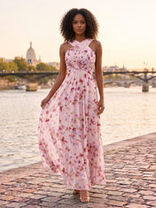 Pink Floral Chiffon Halter Crossover Pleated A-Line Floor-Length Gown Dress