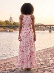 Pink Floral Chiffon Halter Crossover Pleated A-Line Floor-Length Gown Dress