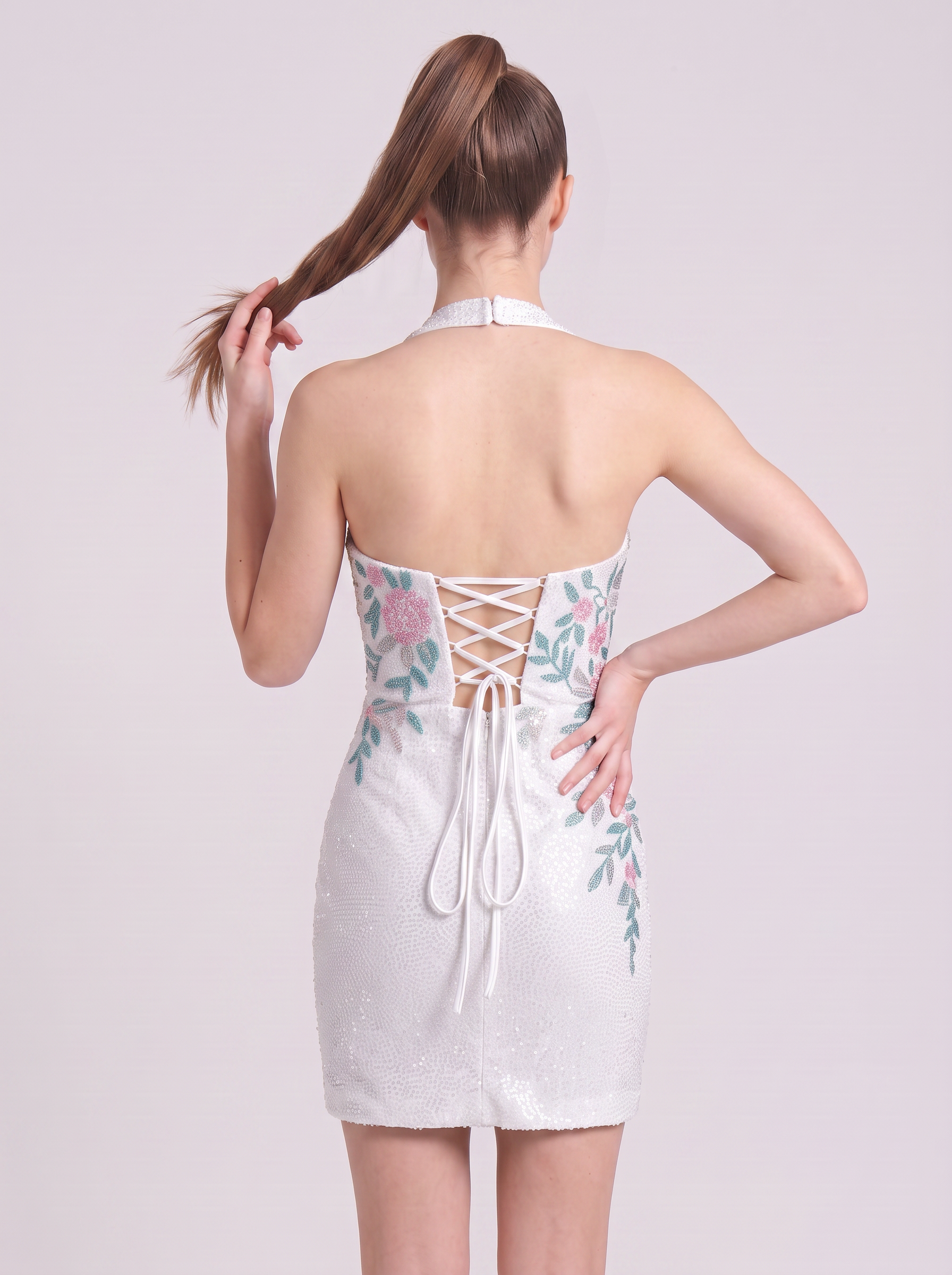 Halter Neck Floral Embroidered Bodycon Mini Homecoming Dresses with Lace-Up Back