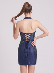 Halter Neck Floral Embroidered Bodycon Mini Homecoming Dresses with Lace-Up Back