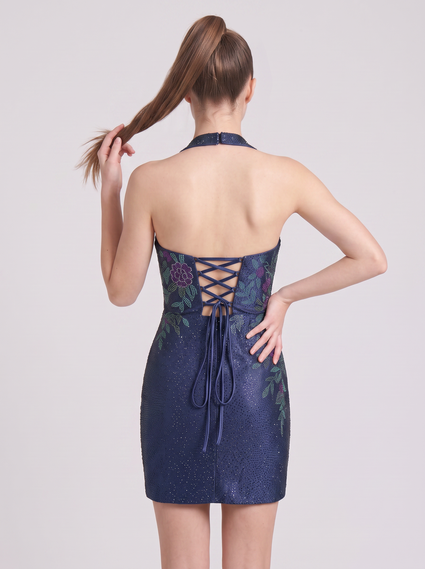 Halter Neck Floral Embroidered Bodycon Mini Homecoming Dresses with Lace-Up Back