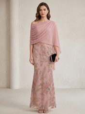 Dusty Rose Satin and Beaded Mesh Square Neck Draped Shawl Sheath Floor-Length Gown Dress