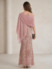 Dusty Rose Satin and Beaded Mesh Square Neck Draped Shawl Sheath Floor-Length Gown Dress
