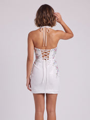Halter Neck Floral Embroidered Bodycon Mini Homecoming Dresses with Lace-Up Back