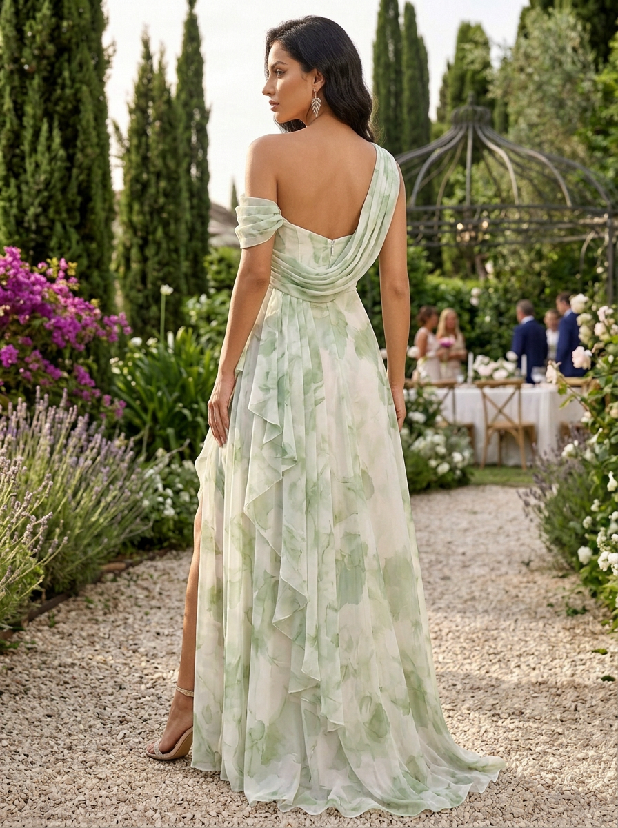Sage Green Floral Chiffon One-Shoulder High-Slit A-Line Floor-Length Gown Dress