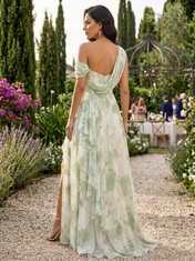 Sage Green Floral Chiffon One-Shoulder High-Slit A-Line Floor-Length Gown Dress