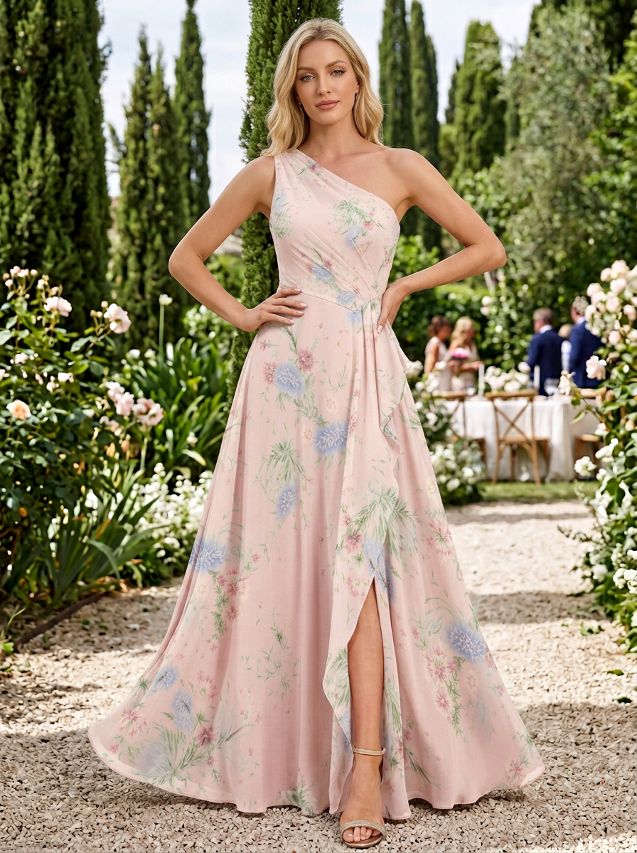 Pink Floral Chiffon One-Shoulder High-Slit A-Line Floor-Length Gown Dress