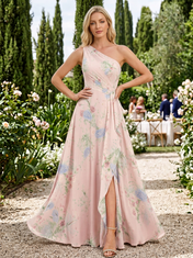 Pink Floral Chiffon One-Shoulder High-Slit A-Line Floor-Length Gown Dress