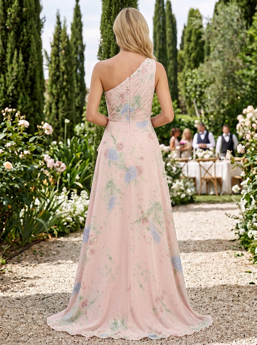 Pink Floral Chiffon One-Shoulder High-Slit A-Line Floor-Length Gown Dress