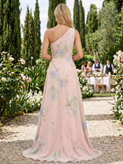 Pink Floral Chiffon One-Shoulder High-Slit A-Line Floor-Length Gown Dress