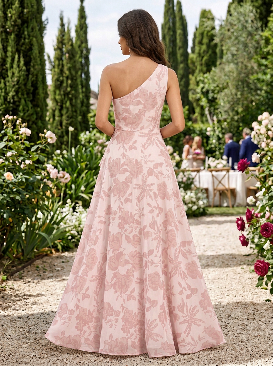 Pink Floral Chiffon One-Neck High-Slit A-Line Floor-Length Gown Dress