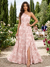 Pink Floral Chiffon One-Neck High-Slit A-Line Floor-Length Gown Dress