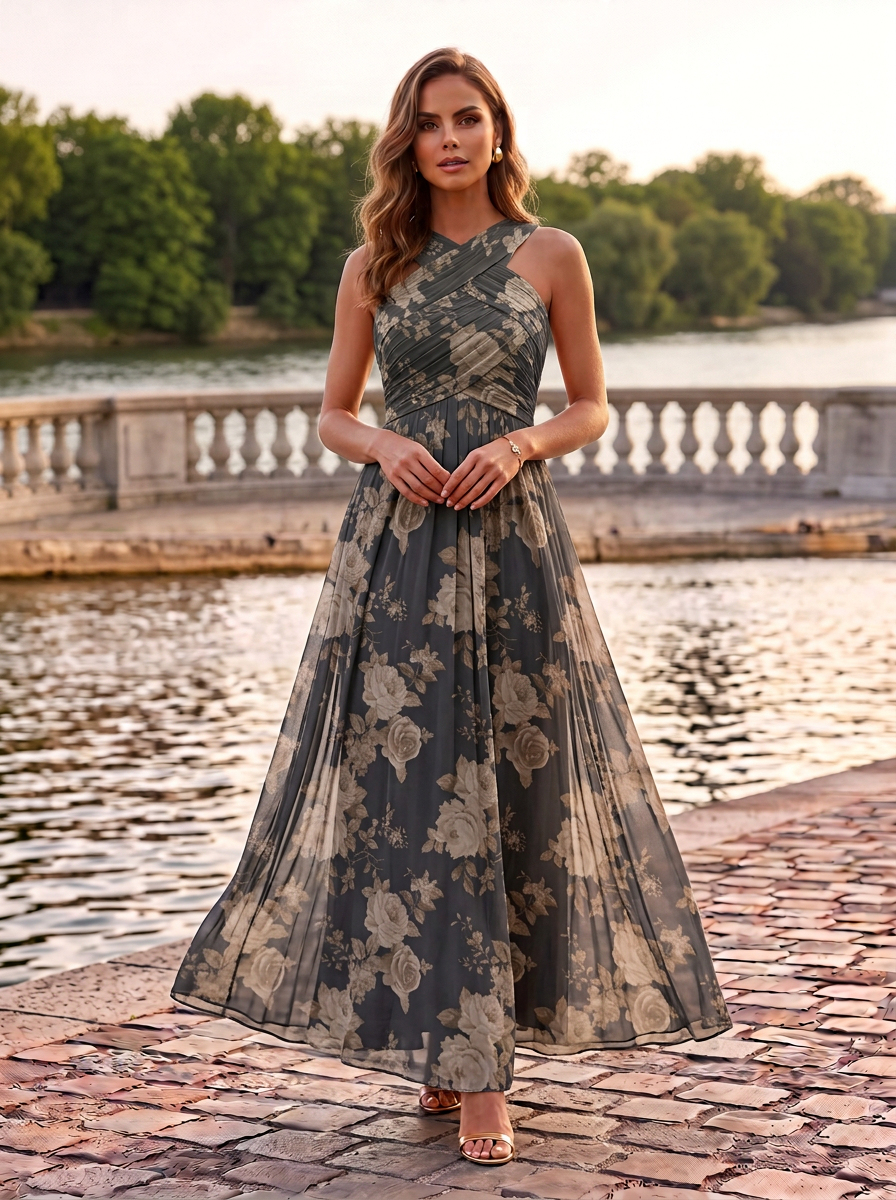 Charcoal Gray Floral Chiffon Halter Pleated Floor-Length Gown Dress
