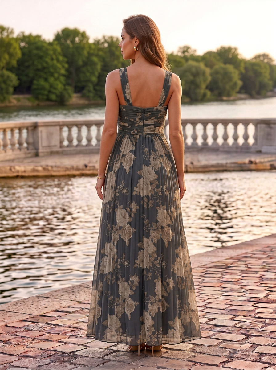Charcoal Gray Floral Chiffon Halter Pleated Floor-Length Gown Dress
