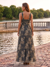 Charcoal Gray Floral Chiffon Halter Pleated Floor-Length Gown Dress