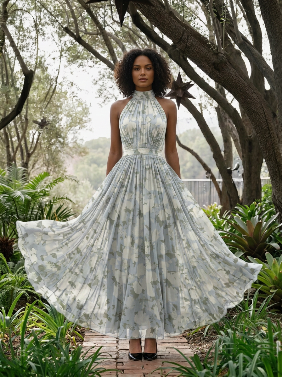 Light Blue Floral Chiffon Halter High-Neck Pleated A-Line Floor-Length Gown Dress