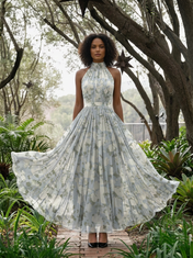 Light Blue Floral Chiffon Halter High-Neck Pleated A-Line Floor-Length Gown Dress